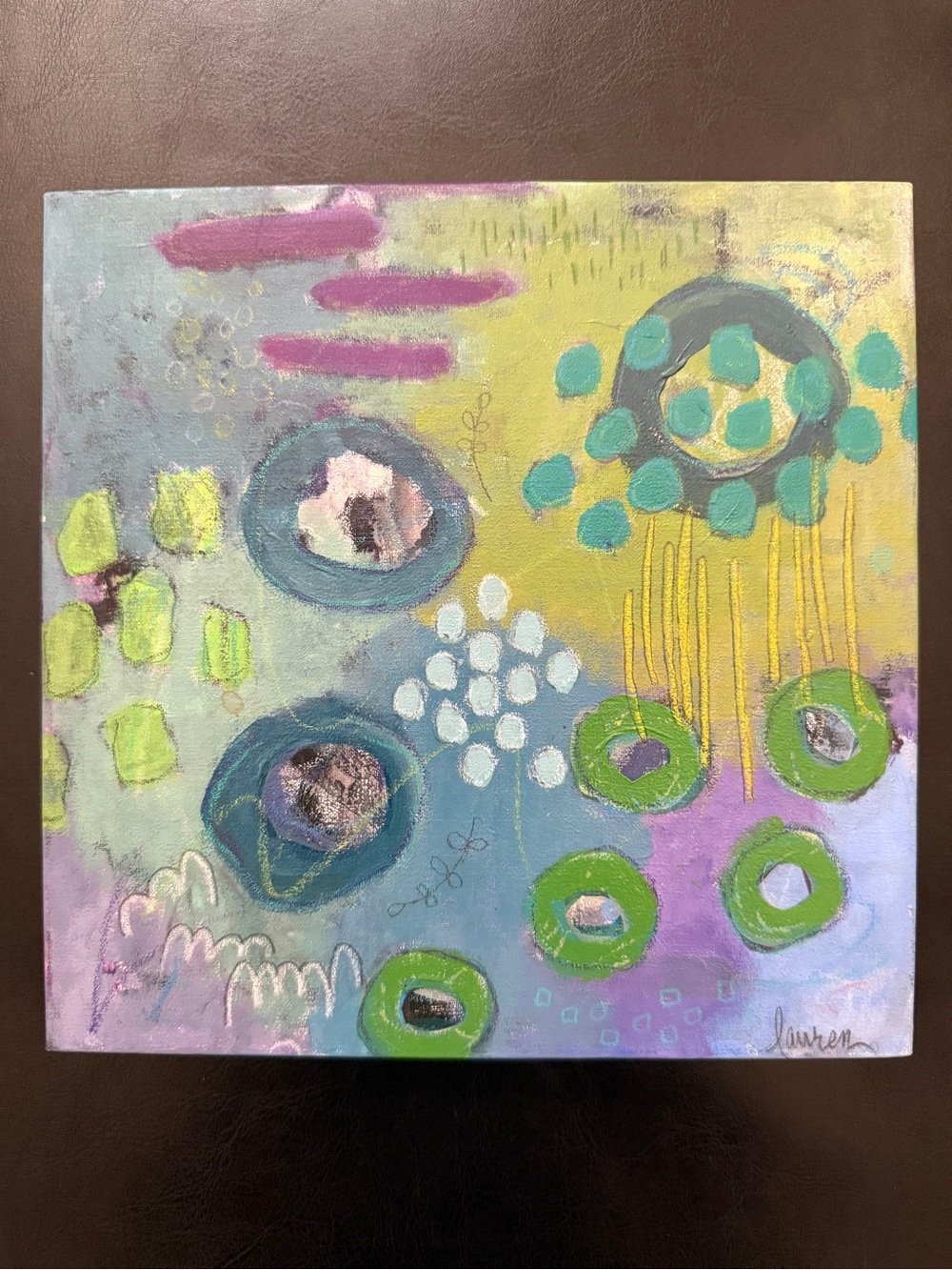 8” x 8” x 1” Original acrylic painting in blues, greens, and purples